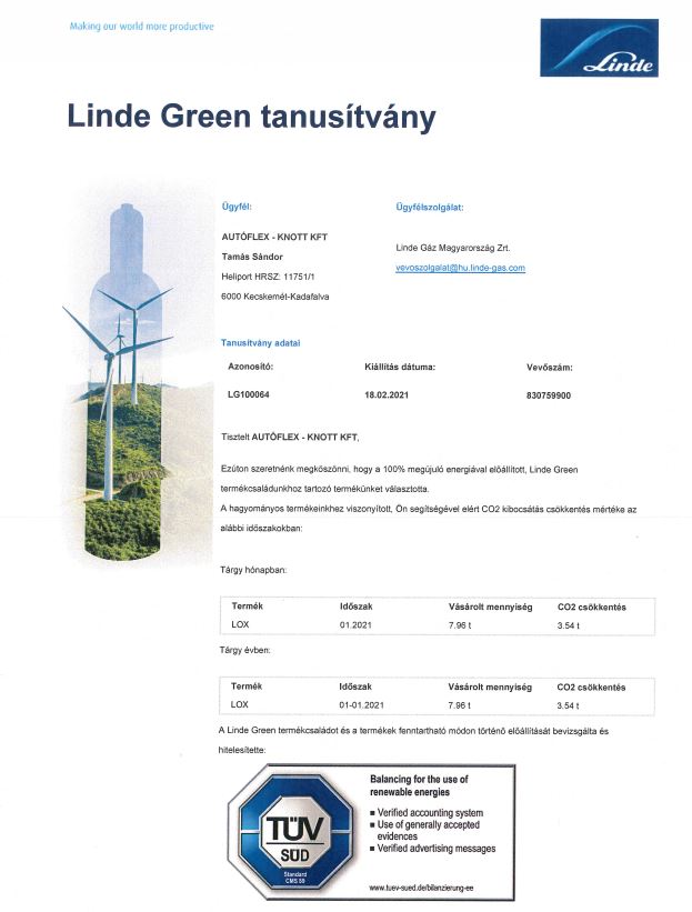 Linde Green tanusítvány